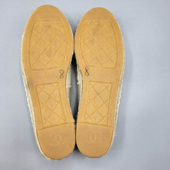 Chanel Beige Knit & Black Leather Espadrilles Size 37 B G29762 Made in Spain - Picture 3 of 16